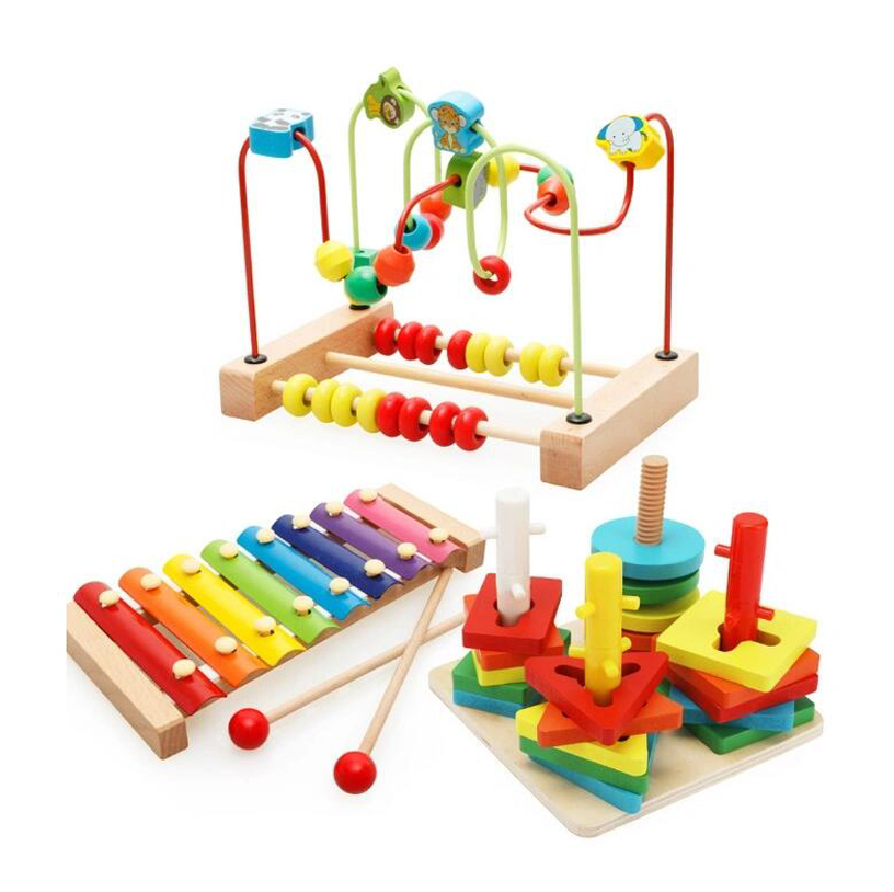 Wooden Beads Maze Abacus Geometric Stacking Blocks Wooden Toy